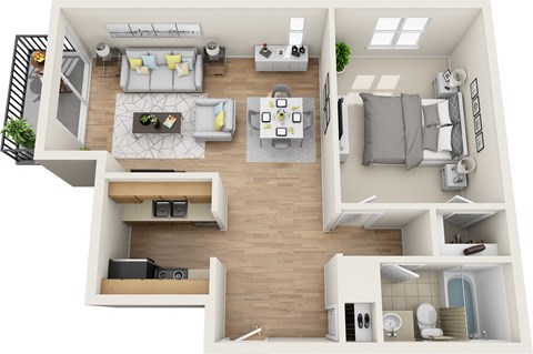 Floor plan for 1 bed, 1 bath, 637 sqft